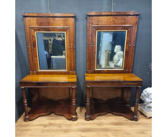 Pair of walnut consoles Carlo X 1820 with mirrors