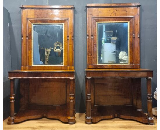 Pair of walnut consoles Carlo X 1820 with mirrors