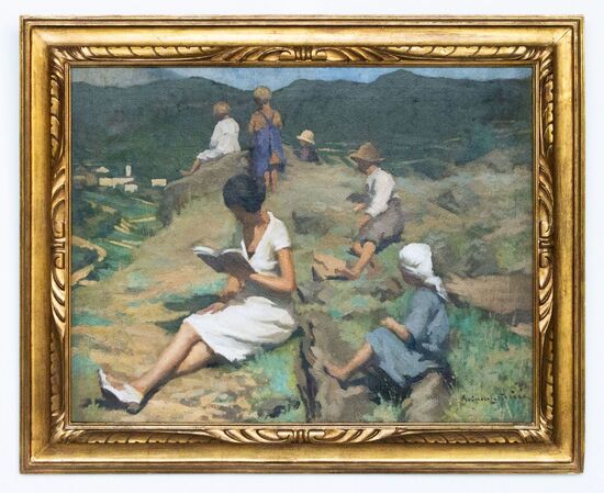 Reading scene in a mountain landscape – Italian painting, late 19th century