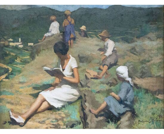 Reading scene in a mountain landscape – Italian painting, late 19th century