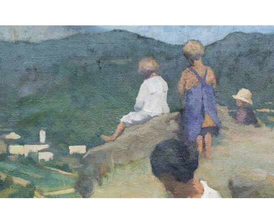 Reading scene in a mountain landscape – Italian painting, late 19th century