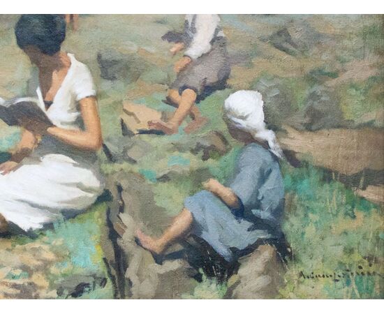 Reading scene in a mountain landscape – Italian painting, late 19th century