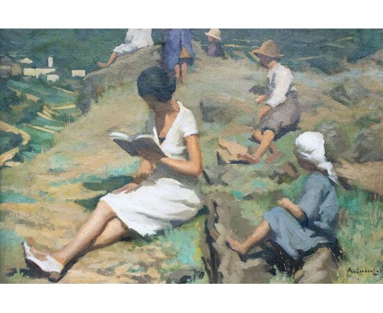 Reading scene in a mountain landscape – Italian painting, late 19th century