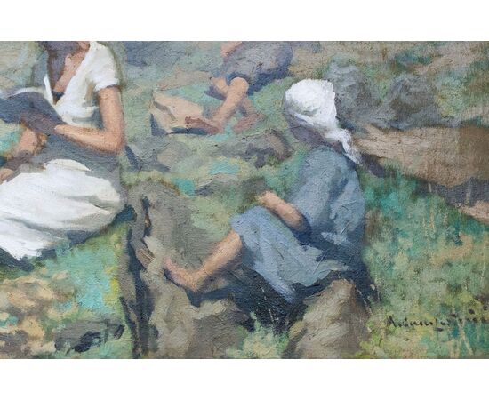 Reading scene in a mountain landscape – Italian painting, late 19th century