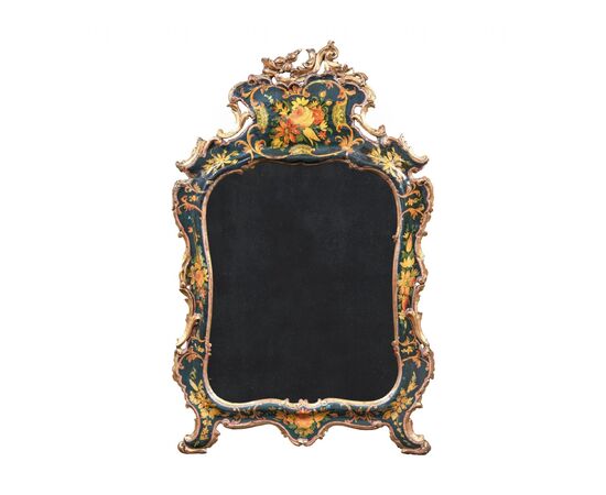 Small carved, lacquered and painted wooden mirror. Venice, 18th century.