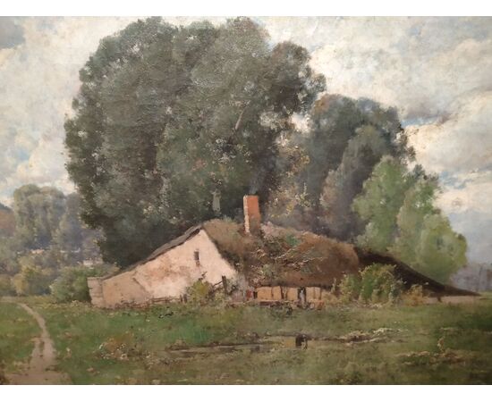Signed French oil on canvas from the 1800s depicting a rural landscape with a house
