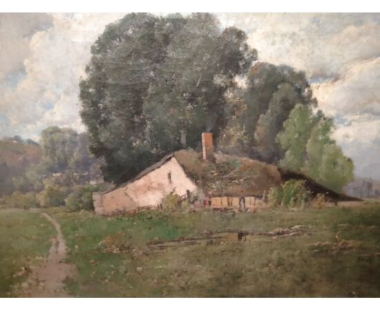 Signed French oil on canvas from the 1800s depicting a rural landscape with a house