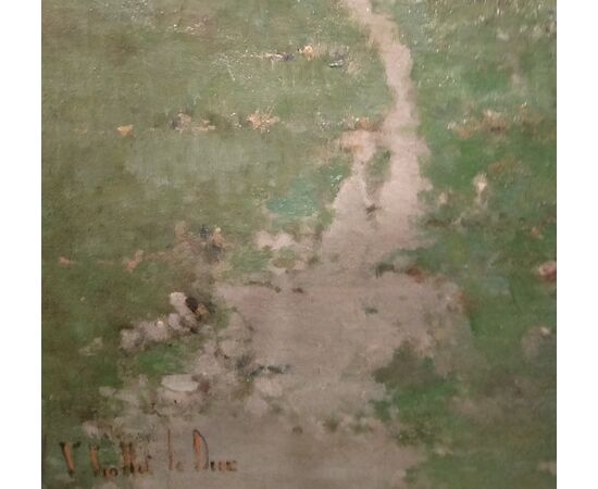 Signed French oil on canvas from the 1800s depicting a rural landscape with a house