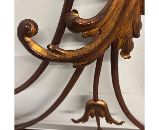 Elegant antique wrought iron double bed headboard. Gold and purple, circa 1930. Dimensions: cm180 . h 155