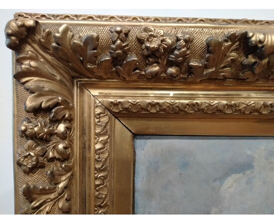 Signed French oil on canvas from the 1800s depicting a rural landscape with a house