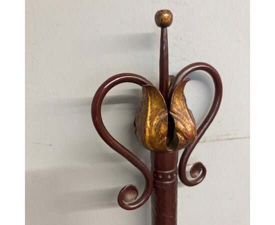Elegant antique wrought iron double bed headboard. Gold and purple, circa 1930. Dimensions: cm180 . h 155
