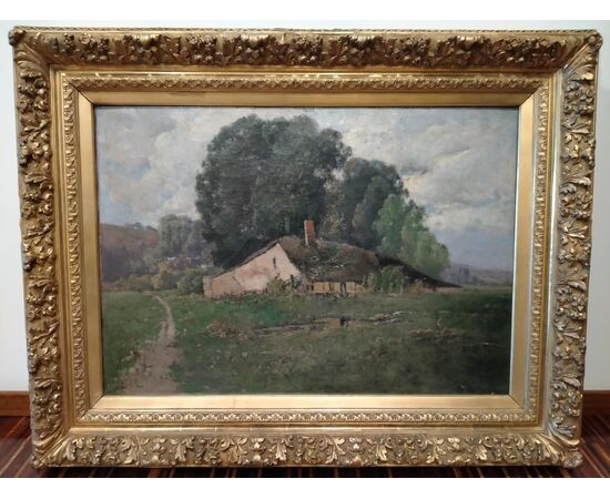 Signed French oil on canvas from the 1800s depicting a rural landscape with a house