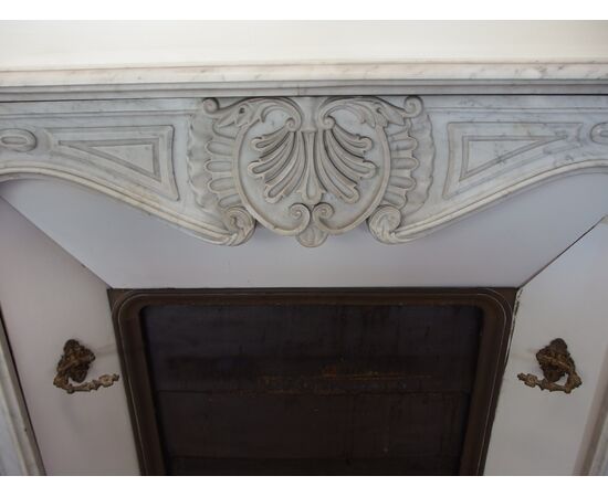 WHITE CARRARA FIREPLACE CARVED IN LOUIS XV STYLE, FRANCE