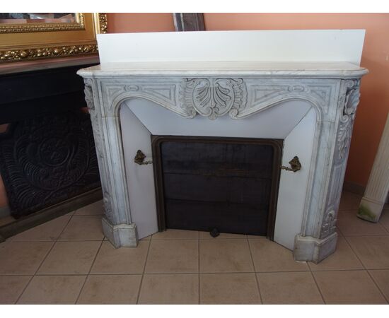 WHITE CARRARA FIREPLACE CARVED IN LOUIS XV STYLE, FRANCE