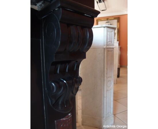 BLACK MARBLE FIREPLACE WITH 19TH CENTURY FRENCH INSERTS cm L134xP40xH107