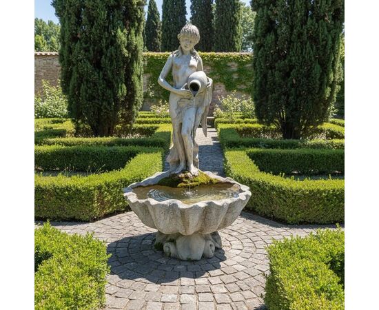 
Fontana in stile neoclassico in bronzo patinato con ninfa, primi ’900