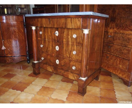 EMPIRE STYLE WALNUT VENEERED CHEST OF DRAWERS, 19TH CENTURY