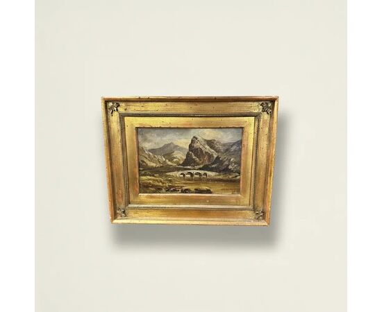 
Dipinto olio su tela, Paesaggio montano con ponte di G.H. Barrable, XIX secolo
