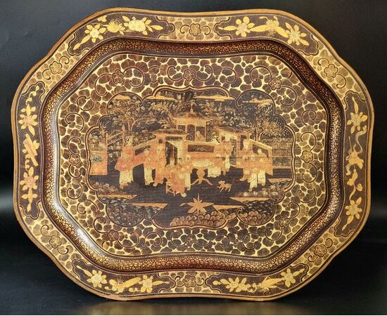 Hand-painted oriental lacquer tray with genre scenes, late 19th – early 20th century