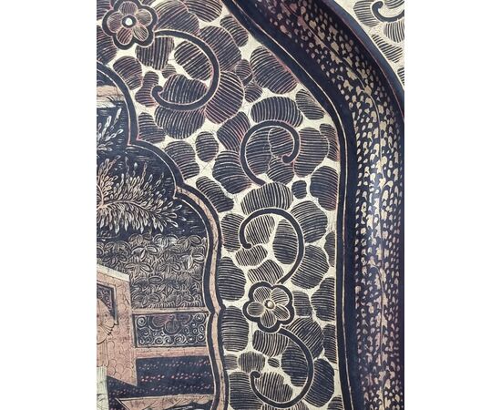 Hand-painted oriental lacquer tray with genre scenes, late 19th – early 20th century