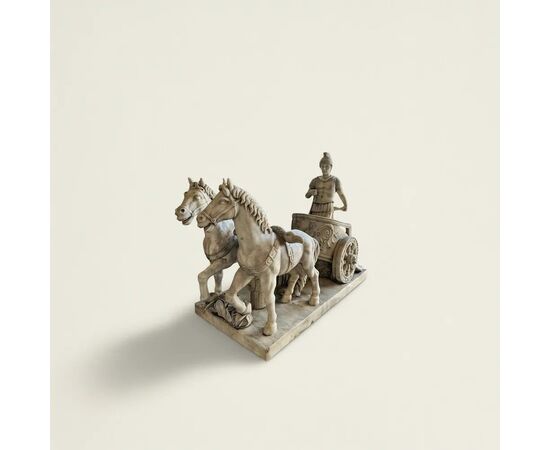 
Rara Coppia di Sculture in Marmo Bianco, Bighe Romane, XIX Secolo