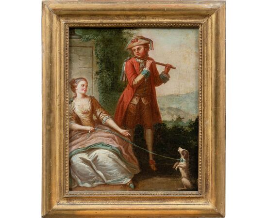 Pittore francese (XVIII sec.) - Suonatore di flauto e cane.