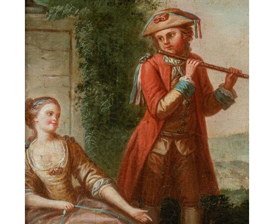 Pittore francese (XVIII sec.) - Suonatore di flauto e cane.