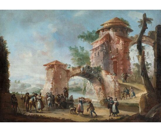 Pittore italiano (XVIII sec.) - Paesaggio con rovine e personaggi.