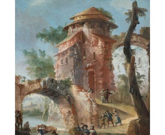 Pittore italiano (XVIII sec.) - Paesaggio con rovine e personaggi.