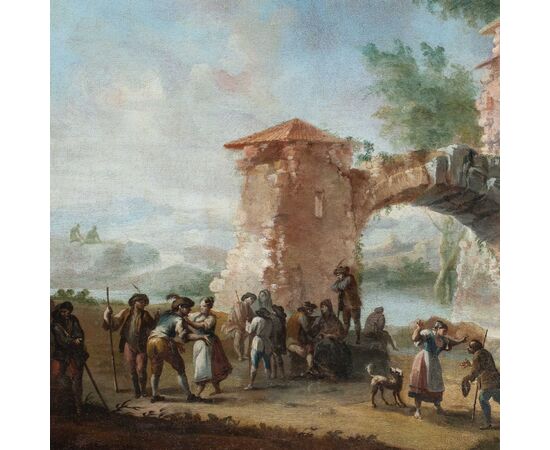 Pittore italiano (XVIII sec.) - Paesaggio con rovine e personaggi.