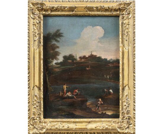 Pittore veneziano (XVIII sec.) - Paesaggio fluviale con personaggi.
