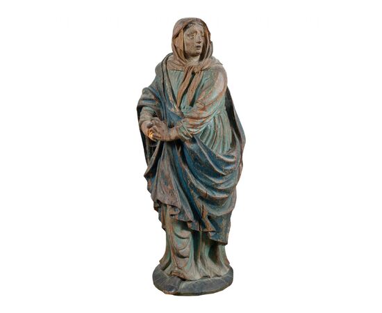 Carved and painted wooden sculpture - Praying Madonna - Italy, 17th-18th century.