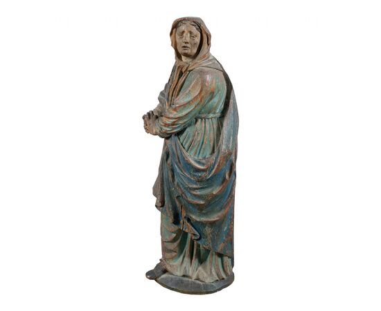 Carved and painted wooden sculpture - Praying Madonna - Italy, 17th-18th century.