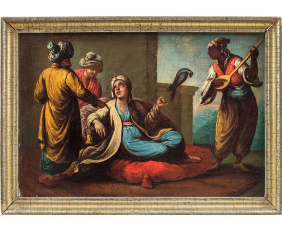 Pittore veneziano (XVIII secolo) - Nobili turchi con pappagallo e suonatore.