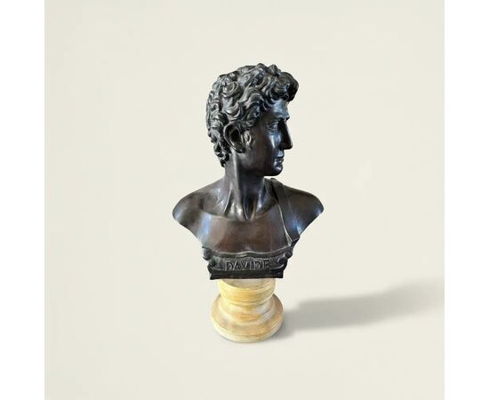 
Busto in Bronzo 'Davide' con Base in Marmo, su colonna in marmo verde, XIX Secolo