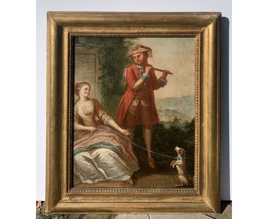 Pittore francese (XVIII sec.) - Suonatore di flauto e cane.