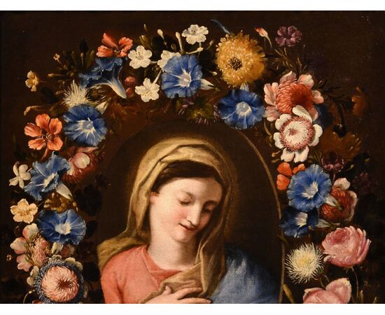 Flowered garland with portrait of the Virgin, attributed to Francesco Trevisani (1656 - 1746) and Niccolò Stanchi (1623 - 1690)