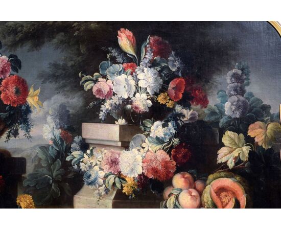 Tre dipinti raffiguranti Nature morte con trionfi di fiori e frutta, Michele Antonio Rapos (Torino, 1733 – 1819)