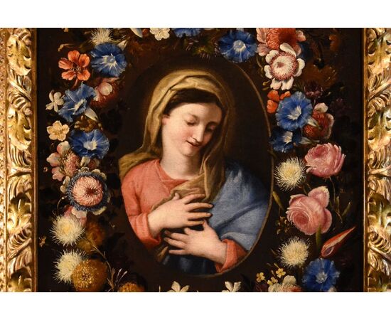 Flowered garland with portrait of the Virgin, attributed to Francesco Trevisani (1656 - 1746) and Niccolò Stanchi (1623 - 1690)
