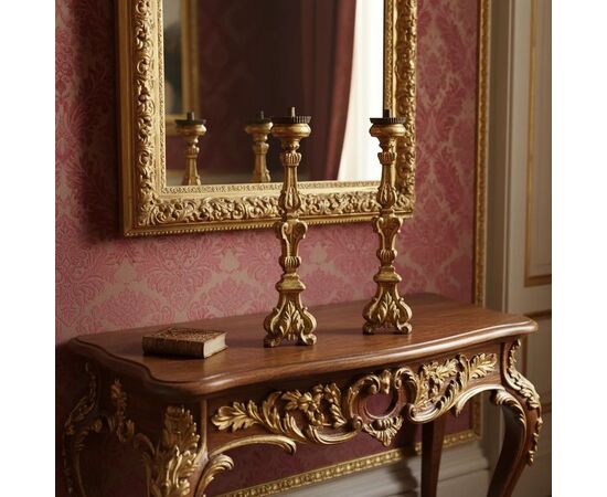 
Coppia di Torcieri in Legno Dorato, XIX Secolo