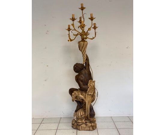 Moro veneziano scultura in legno scolpito  laccato   sei lumi . XIX secolo