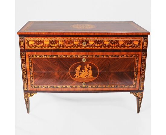 Inlaid and veneered chest of drawers in various woods, Lombardy, late 18th century