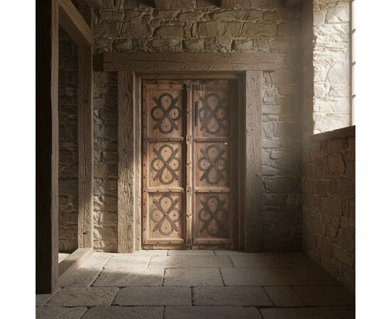 
Porta a Doppia Anta in Legno e Ferro Battuto