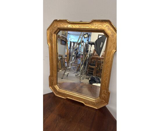 Antique mid-19th century tray mirror, gold leaf with engraved detailing, 63x53cm