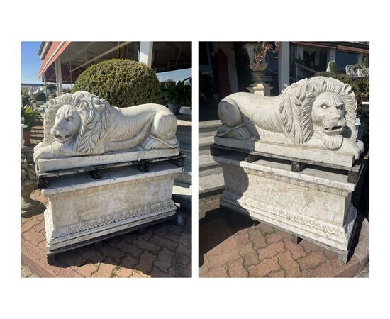 Pair of monumental marble lion statues