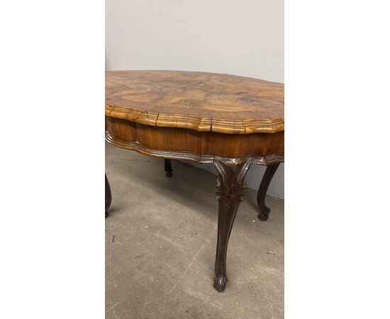 Antique 1940s Baroque style living room/smoking table in walnut and burr walnut, 55x80x50cm