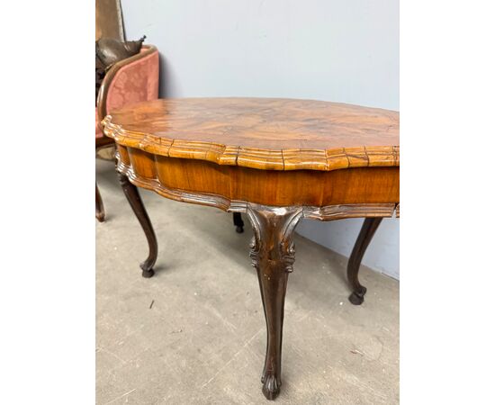 Antique 1940s Baroque style living room/smoking table in walnut and burr walnut, 55x80x50cm