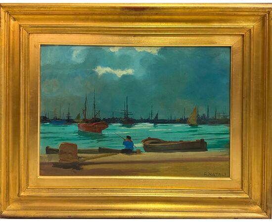 RENATO NATALI - VEDUTA DEL PORTO DI LIVORNO - DATATO 1959