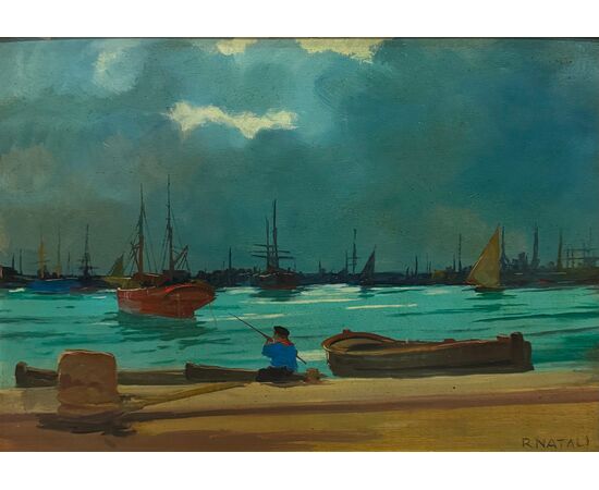 RENATO NATALI - VEDUTA DEL PORTO DI LIVORNO - DATATO 1959