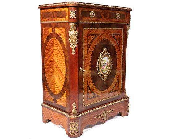 Rosewood credenza, inlays in various woods, porcelain plates and gilded bronze finishes, France, late 19th century